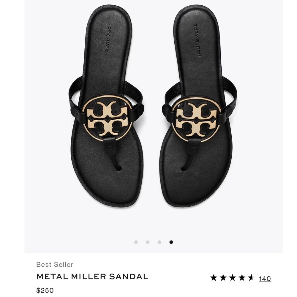 Tory Burch Metal Miller Sandal Black Leather Gold Logo Thong Flip Flop Womens 10